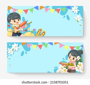 Lovely Boy And Girl Enjoy To Spraying Water For Summer Games And Songkran Festival. Cartoon Kids Pistols With Water Splashing. Thailand Water Party,  Banner Design, Vector Illustration