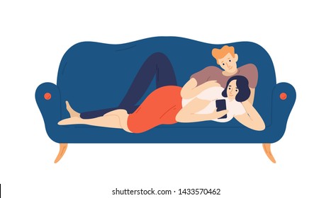 Lovely boy and girl lying on cozy couch and surfing internet o smartphone. Cute couple on comfy sofa. Young man and woman relaxing together at home in evening. Flat cartoon vector illustration.