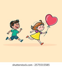 A lovely boy and girl playing tag with a heart-shaped balloon