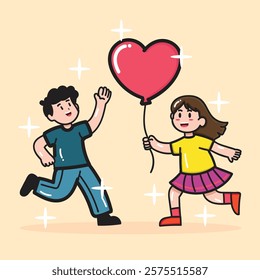 A lovely boy and girl playing tag with a heart-shaped balloon