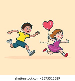 A lovely boy and girl playing tag with a heart-shaped balloon