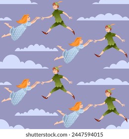 Lovely boy in green costume аnd girl in nightgown flying in the clouds in the sky. Seamless background pattern. Vector illustration

