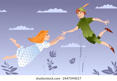 Lovely boy in green costume аnd girl in nightgown flying in the clouds in the sky. Vector illustration  

