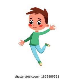 Lovely Boy Happily Jumping, Cute Preschool Kid Having Fun, Celebrating Holiday, Doing Sports Cartoon Style Vector Illustration
