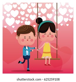 lovely boy pushing a girl, swinging happily, with a heart background