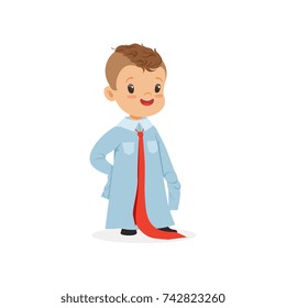 Lovely boy wearing dult oversized shirt and tie, kid pretending to be adult vector Illustration