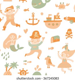Meninos e meninas adoráveis em trajes piratas em desenho animado padrão sem costura. Doce fundo de férias com piratas, âncora, navio, baleia, caranguejo, papagaio, sereia e ilha. Incrível padrão perfeito no vetor