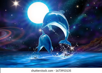 Lovely breaching bottlenose dolphins upon attractive universe sky in 3d illustration marine mural