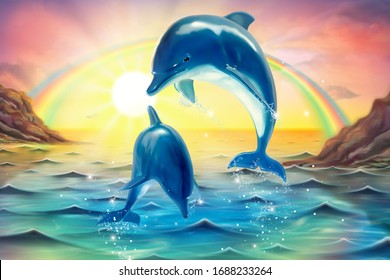 Lovely breaching bottlenose dolphins upon dawn sunshine sky in 3d illustration, Marine mural