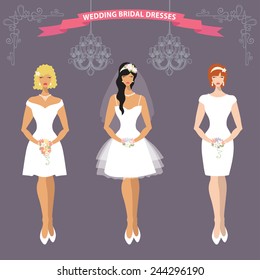 Lovely  bride female  in wedding short dress set.Three different lovely girls .Bridal shower design template for invitations or announcements .Modern flat style.Cartoon Fashion vector.