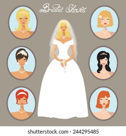 Lovely  bride hairstyle,flat icons.Girl,female,women portraits of different persons, one is in white wedding dress with long skirt.Bridal shower design template.Cartoon vector.