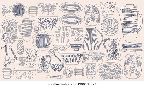 Lovely bright abstract rustic colorful pattern of hand drawn dishes: vase, plates, jug, spoon, dish vector illustration. Perfect for greetings card, textile, fabric, wallpapers, banners, menu