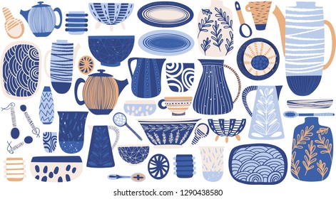 Lovely bright abstract rustic colorful pattern of hand drawn dishes: vase, plates, jug, spoon, dish vector illustration. Perfect for greetings card, textile, fabric, wallpapers, banners, menu