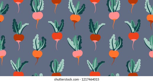 Lovely bright beet pattern on dark background, seamless vector repeat. Modern cute flat elements, perfect for editorial & packaging design, apparel, home decor, healthy lifestyle concepts etc.