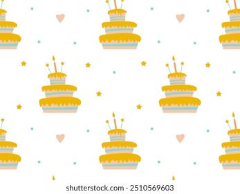 Patrón brillante encantador del cumpleaños con un pastel lindo