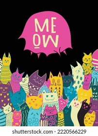 Lovely bright cats. Postcard with cats and an inscription MEOW. Hand-drawn.Vector illustration.