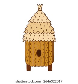 Lovely bright doodle man made bee hive with straw roof, hardwood, dark hole. Childish hand drawn beehive, nest for honey bees. Doodle concept of farming, beekeeping isolated on white for design.
