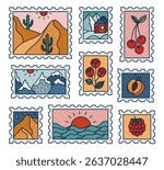 Lovely bright doodle set of postage stamp with picturesque scenery, roses, peach, cherry. Trendy travelling postmark with desert in moonlight, home in snowy mountains, sunrise over the ocean.
