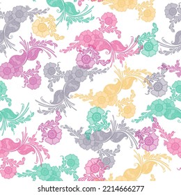 Lovely Bright Flowers Seamless Pattern In Pink Blue Turquoise Purple Yellow Seamless Print Made Of Small Multicolored Flowers And Blue Leaves.