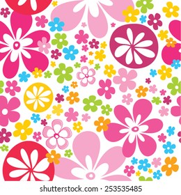 Lovely bright flowers seamless pattern in pink blue green yellow orange