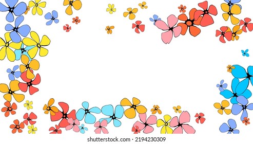 Lovely bright flowers. Summer frame with hand drawing red yellow blue flowers. Flower wreath. Vector botanical design for printing, wedding, birthday, mothers day, invitation, anniversary, card