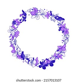 Lovely Bright Flowers. Summer Round Frame With Hand Drawing Violet Blue Flowers. Flower Wreath. Botanical Design For Printing, Wedding, Birthday, Mothers Day, Invitation, Anniversary, Card. Vector