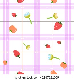 Lovely bright fruit designs such as strawberries, peaches, flowers on the light purple background.