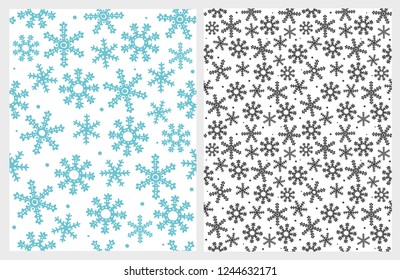 Lovely Bright Snowflakes Vector Pattern. White Background. Dark Gray and Blue Snow. Cute Simple Winter Sky. Falling Flakes. Confetti of Snowflake Shape.
