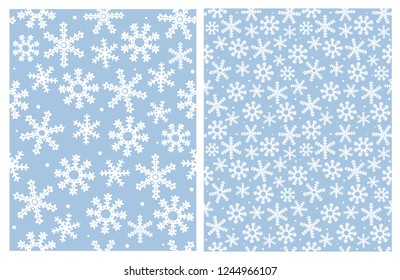 Lovely Bright Snowflakes Vector Pattern. Delicate Light Blue Background. White Snow. Cute Simple Winter Sky. Falling Flakes. Confetti of Snowflake Shape.