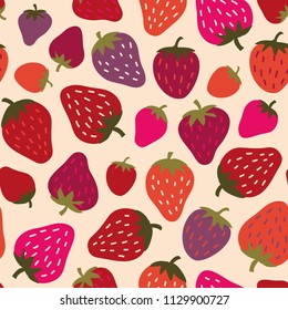 Lovely bright strawberry pattern on light background, seamless vector repeat. Trendy minimal illustration style.