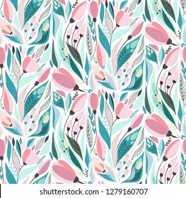 Lovely bright tender rustic folk art herbal floral spring pattern of hand drawn tulips with leaves vector illustration. Perfect for greetings card, textile, fabric, wallpapers, banners, phone case