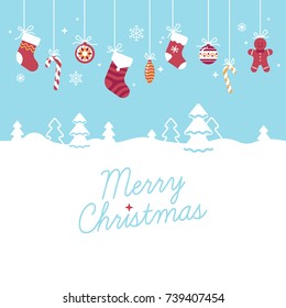Lovely bright vector 'Merry Christmas' background with traditional Xmas decorations and snow drifted landscape