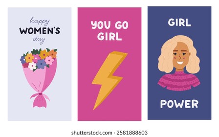 Lovely bright vertical stories set for International Women s Day with feminism slogans and girlish clipart. Holiday banner for social media with lady portrait, flower, lightning. Girl Power symbols.