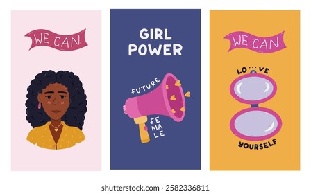 Lovely bright vertical stories set for International Women s Day with feminist inspirational doodle. Holiday greeting banner for social media with female portrait, megaphone, makeup mirror.
