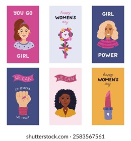 Lovely bright vertical stories set for International Women s Day with diverse pretty ladies, female gender symbol, lipstick, fist. Holiday greeting banner for social media with sisterhood clipart.