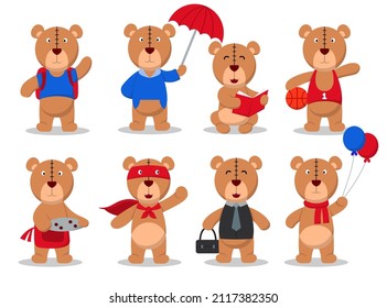 Lovely brown bear in variety of characters, cartoon design flat, vector illustration