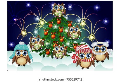 lovely brown owls in caps,scarves,warm headphones,entangled in the New Year's glowing garland around the decorated with balls and the lights of a green Christmas tree against the background of salute