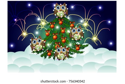 lovely brown owls in entangled in the New Year's glowing garland around the decorated with balls and the lights of a green Christmas tree against the background of salute