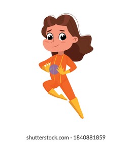 Lovely Brunette Girl in Red Superhero Comics Costume, Adorable Kid Flying with his Hand Outstretched Cartoon Style Vector Illustration
