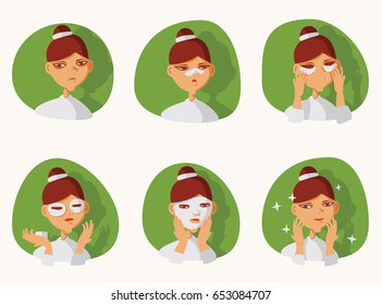 Lovely brunette girl taking care of her skin on face. Patches under eyes and on nose, preventing blackheads and dark circles under eyes, fabric mask for skin glow. Before and after vector illustration