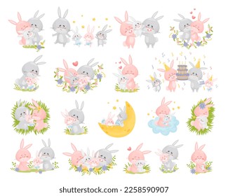 Lovely bunny families set. Cute mom and dad bunnies hugging their babies in flowers. Easter greeting card, banner, poster cartoon vector