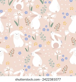 Lovely bunny with flowers. Seamless rabbit pattern