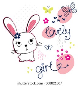 lovely bunny girl with butterfly, T-shirt design vector illustration