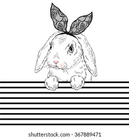 lovely bunny girl with lace ears qnd stripy background, hand drawn graphic, girl print