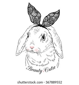 lovely bunny girl with lace ears, hand drawn graphic, kid print