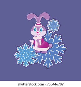 Lovely bunny in lilac on snowflakes. Sticker. Children's picture. A cartoon character. Design for the sample, emblem, children's book, background image.