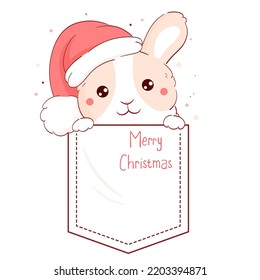 Lovely bunny in pocket. Inscription Merry Christmas. Baby print with rabbit in pocket. Childish print with funny pet for t-shirt. Cute xmas card with hare in Santa hat. Vector illustration EPS8