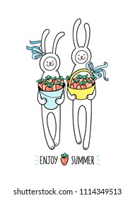 Lovely bunny rabbits are enjoying summer fruit season. They hold basket and bucket full of sweet strawberry. Cute hand drawn animal characters and graphic elements for kids design on white background.