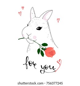 lovely bunny with rose, hand drawn graphic, animal print