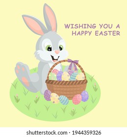 Lovely bunny sitting on the grass with a basket with decorated eggs. Happy Easter greeting card, banner, ad